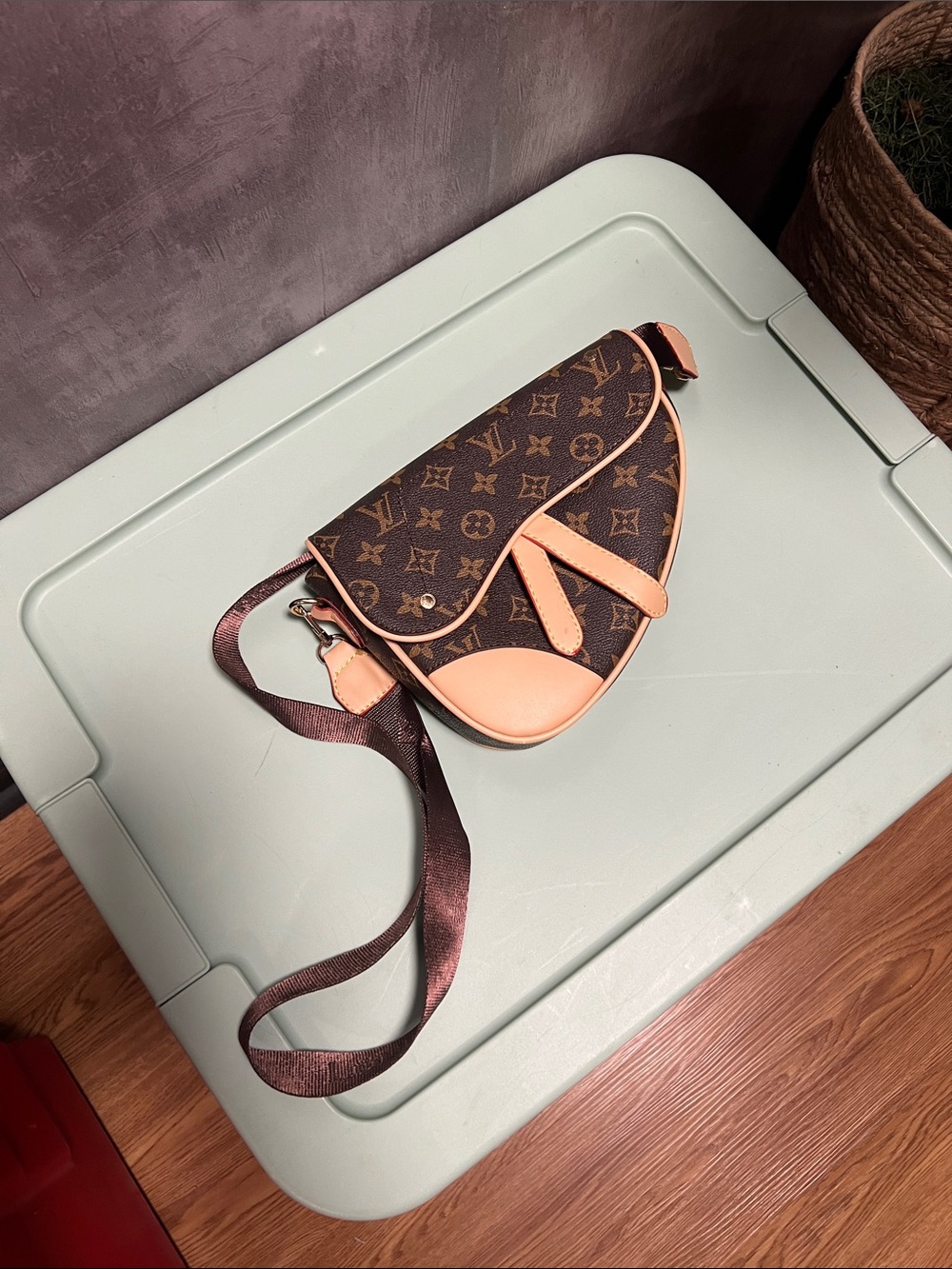 Monogram Saddle Crossbody in Brown with Tan Trim
